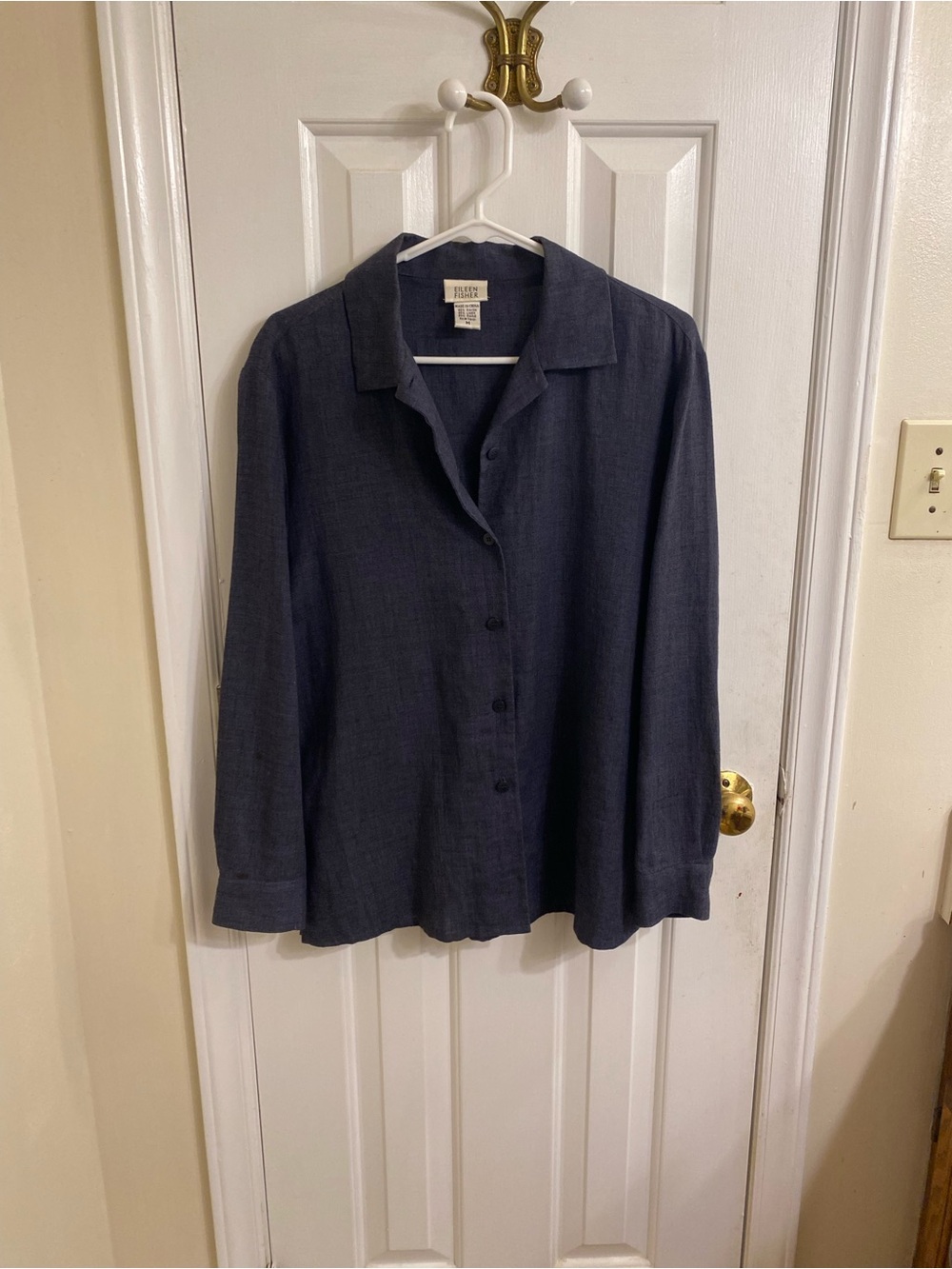 EILEEN FISHER LINEN BLEND BUTTON FRONT SHIRT DARK SLATE BLUE MEDIUM TIMELESS - Picture 6 of 13